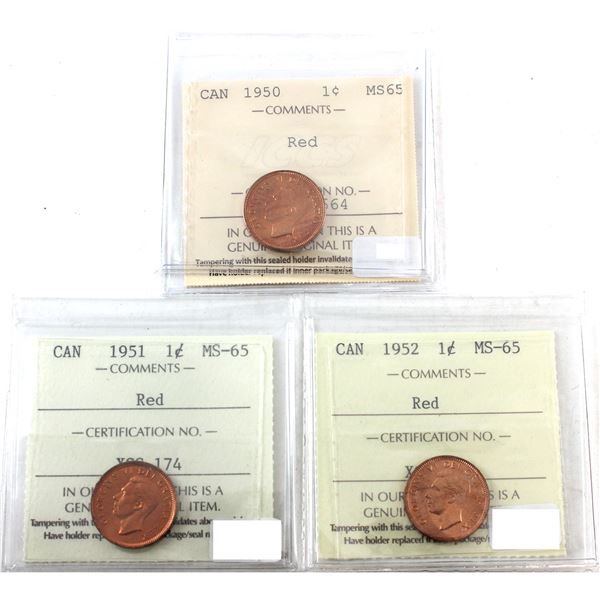 1-cent 1950, 1951, & 1952 Red ICCS MS65. 3pcs.