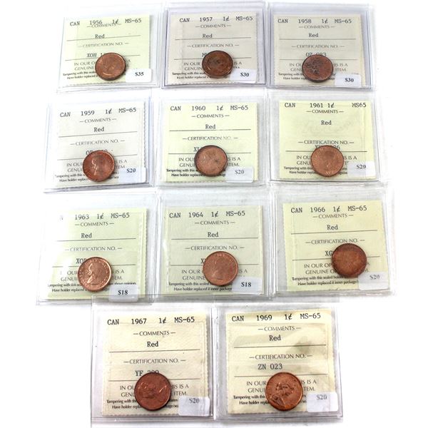 1-cent 1956, 1957, 1958, 1959, 1960, 1961, 1963, 1964, 1966, 1967, 1969 ICCS MS65 Red. 11pcs.