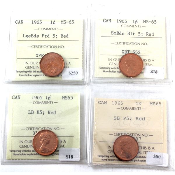1-cent 1965 LB B5, 1965 LB P5, 1965 SB B5, & 1965 SB P5 ICCS MS65 Red. 4pcs.