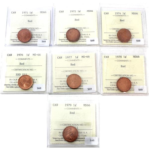1-cent 1971, 1972, 1974, 1976, 1977, 1978, & 1979 ICCS MS66 Red. 7pcs.