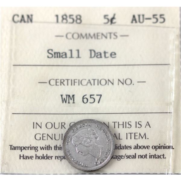 5-cent 1858 Small Date ICCS AU55
