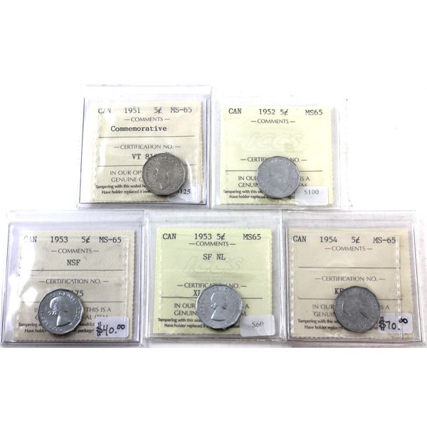 5-cent 1951 Commemorative, 1952, 1953 NSF, 1953 SF NL, 1954 ICCS MS65. 5pcs.