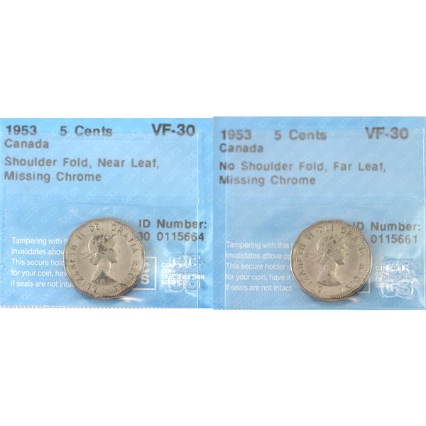 5-cent 1953 NSF, Far Leaf, No Chrome & 1953 SF, Near Leaf, No Chrome CCCS VF30. 2pcs.