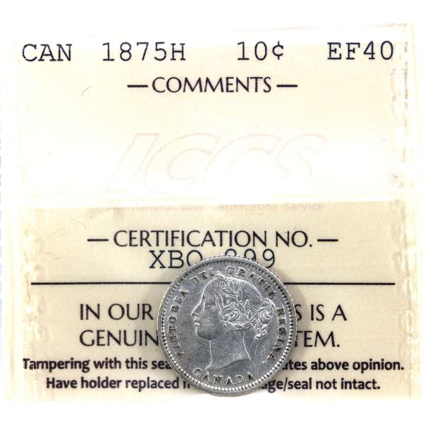 10-cent 1875H ICCS EF40. Bright Key Date Coin