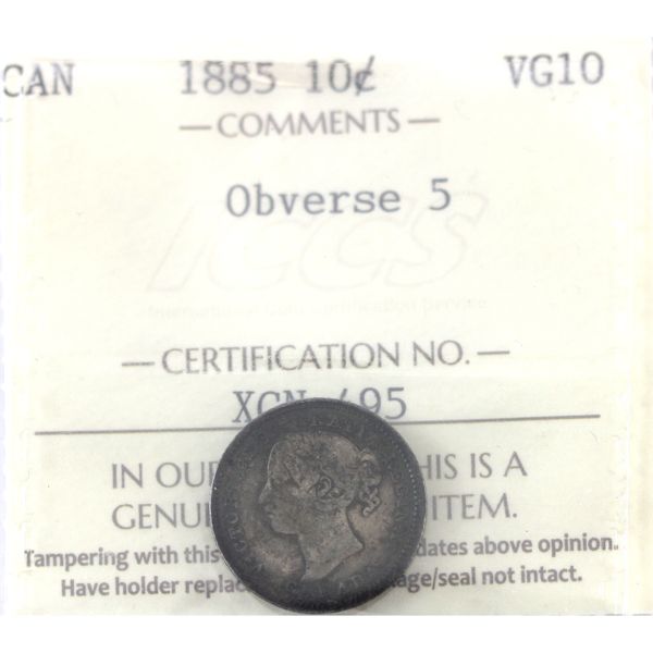 10-cent 1885 Obv.5 ICCS VG10 *Key Date*