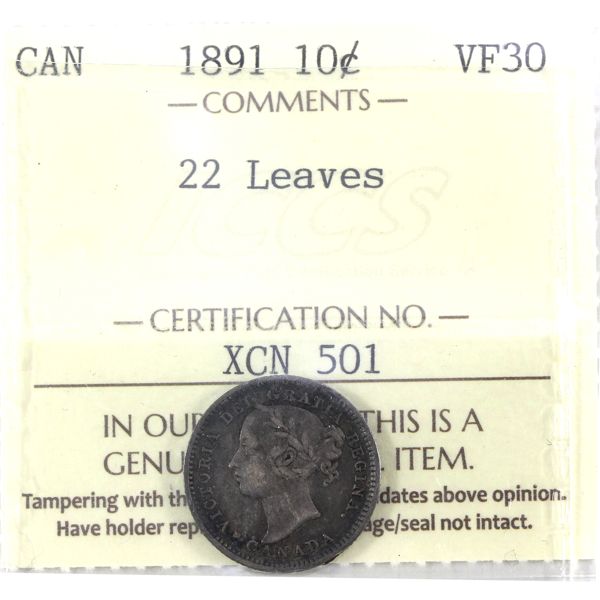 10-cent 1891 22 Leaves ICCS VF30