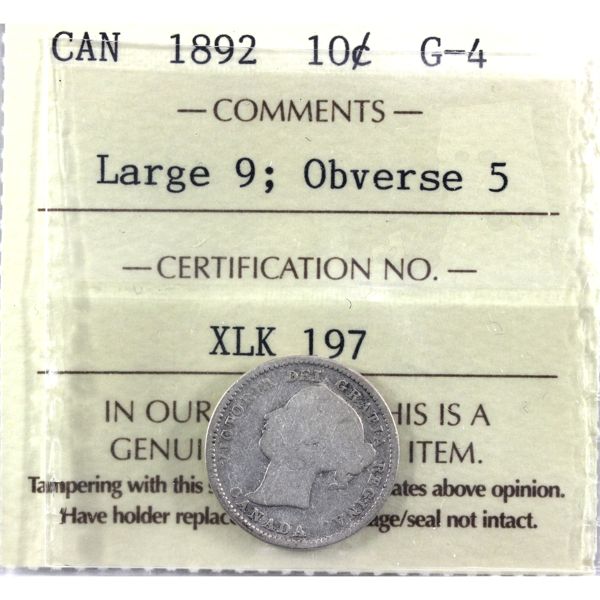 10-cent 1892 Large 9 Obverse 5 ICCS Certified G4