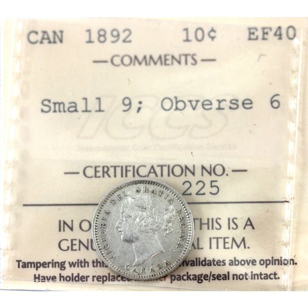 10-cent 1892 Small 9; Obverse 6 ICCS EF40