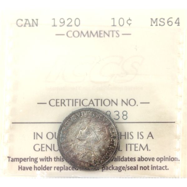 10-cent 1920 ICCS MS64