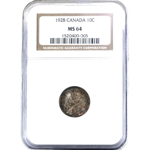 10-cent 1928 NGC MS64. Beautiful Strike Details Coupled with Red-Gold Tones Throughout