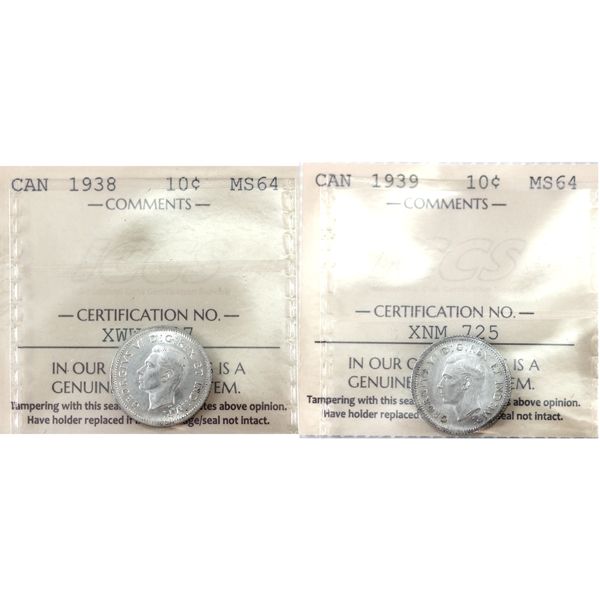 10-cent 1938 & 1939 ICCS MS64. 2pcs.