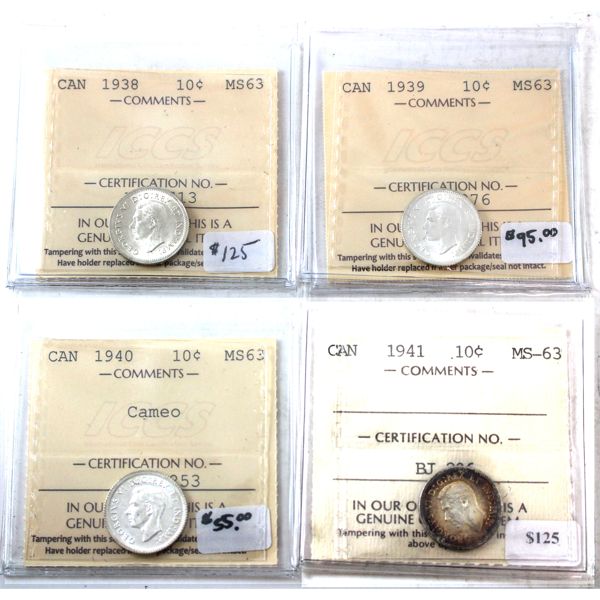 10-cent 1938, 1939, 1940 Cameo, & 1941 ICCS MS63. 4pcs.