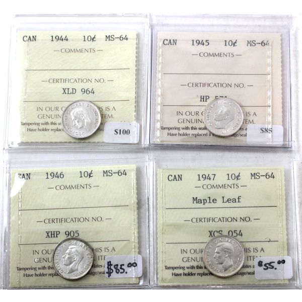 10-cent 1944, 1945, 1946, & 1947 Maple Leaf ICCS MS64. 4pcs.