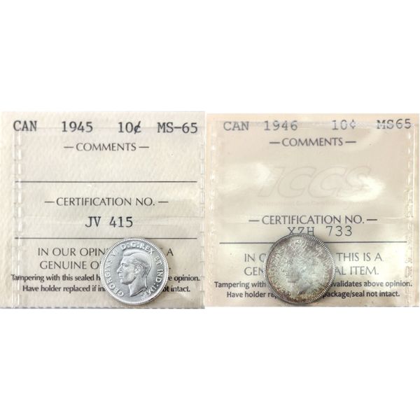 10-cent 1945 & 1946 ICCS MS65. 2pcs.