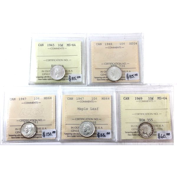 10-cent 1945, 1946, 1947, 1947 Maple Leaf, & 1949 ICCS MS64. 5pcs.