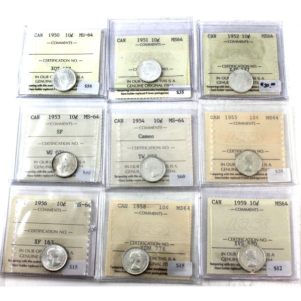 10-cent 1950, 1951, 1952, 1953 SF, 1954 Cameo, 1955, 1956, 1958, & 1959 ICCS MS64. 9pcs.