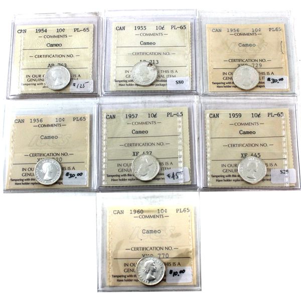 10-cent 1954, 1955, 1956 X2, 1957, 1959, 1960 ICCS PL65 Cameo. 7pcs.