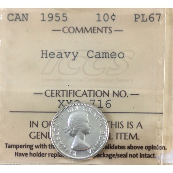 10-cent 1955 ICCS PL67 Heavy Cameo