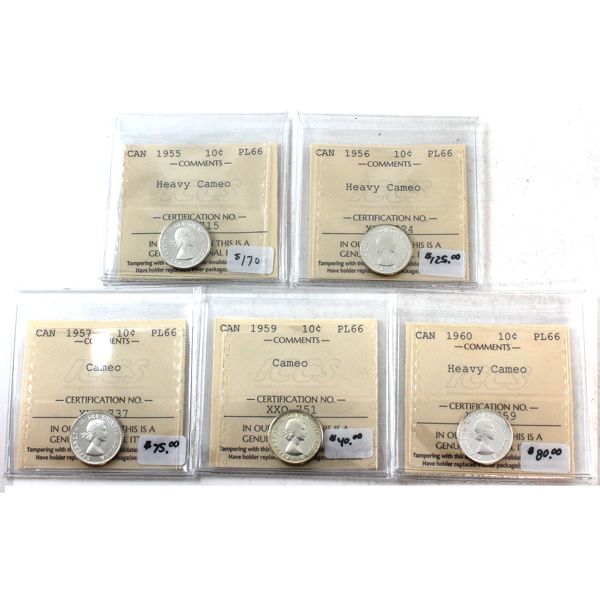 10-cent 1955 HC, 1956 HC, 1957 Cameo, 1959 Cameo,1960 HC ICCS PL66. 5pcs.