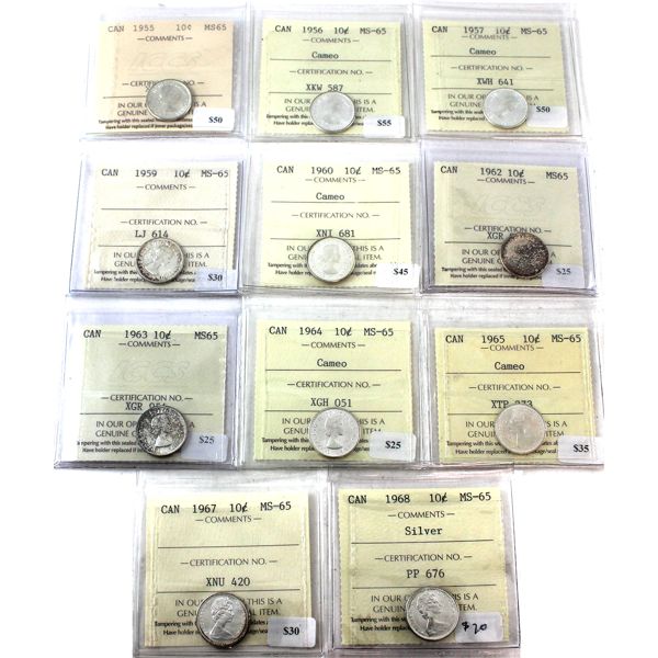 10-cent 1955-1968 ICCS MS65. Most with Cameo. 11pcs.