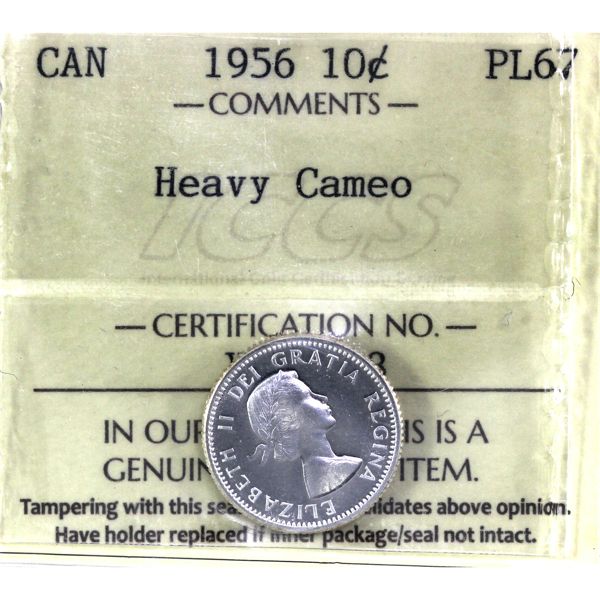 10-cent 1956 ICCS PL67 Heavy Cameo. High Grade Full White Coin