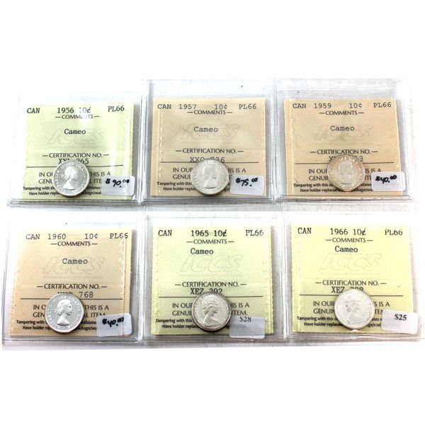 10-cent 1956, 1957, 1959, 1960, 1965, & 1966 ICCS PL66 Cameo. 6pcs.