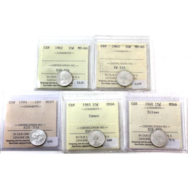 10-cent 1962, 1963, 1964, 1965 Cameo, 1968 Silver ICCS MS66. 5pcs.