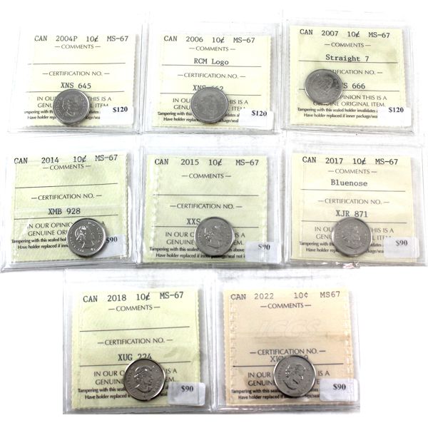 10-cent 2004P, 2006 RCM Logo, 2007 Straight 7, 2014, 2015, 2017 Bluenose, 2018, 2022 ICCS MS67. 8pcs