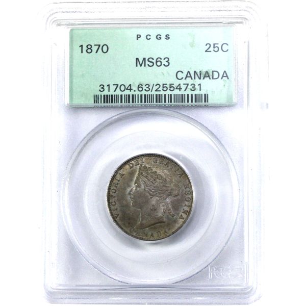 25-cent 1870 Obverse 1 PCGS MS63. Scarce in Higher Mint State Grades