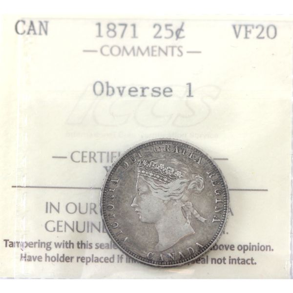 25-cent 1871 Obv.1 ICCS VF20. Key Date Issue with Attractive Soft Grey Tones
