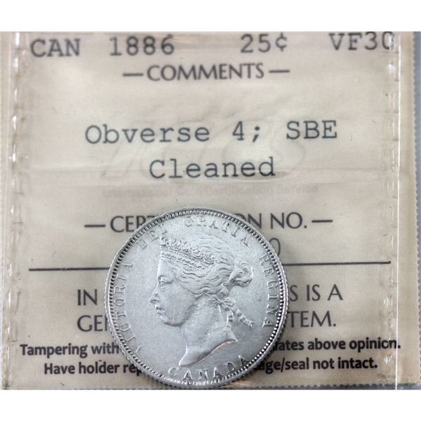 25-cent 1886 Obverse 4; SBE ICCS VF30 (Cleaned)
