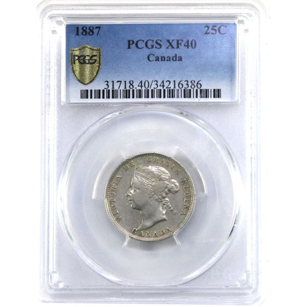 25-cent 1887 PCGS EF40. Clean Bright White Key Date Coin