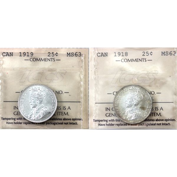 25-cent 1918, 1919 ICCS MS63. 2pcs.