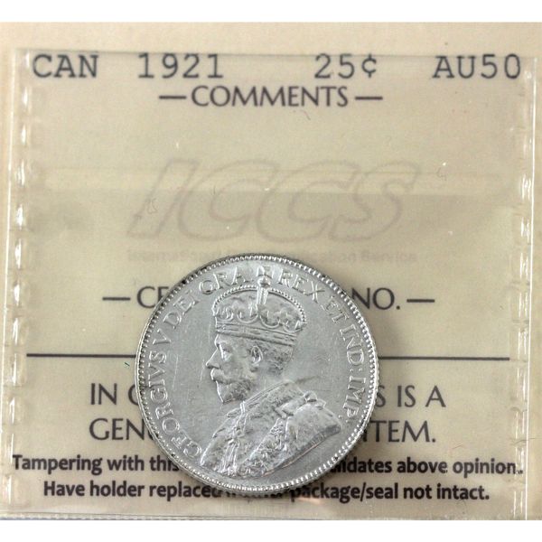 25-cent 1921 ICCS AU50