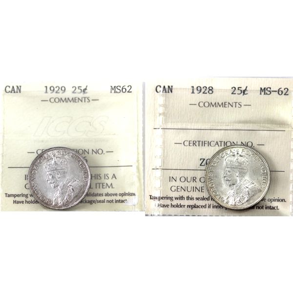25-cent 1928, 1929 ICCS MS62. 2pcs.