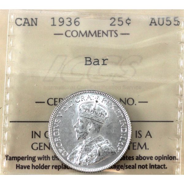 25-cent 1936 Bar ICCS AU55