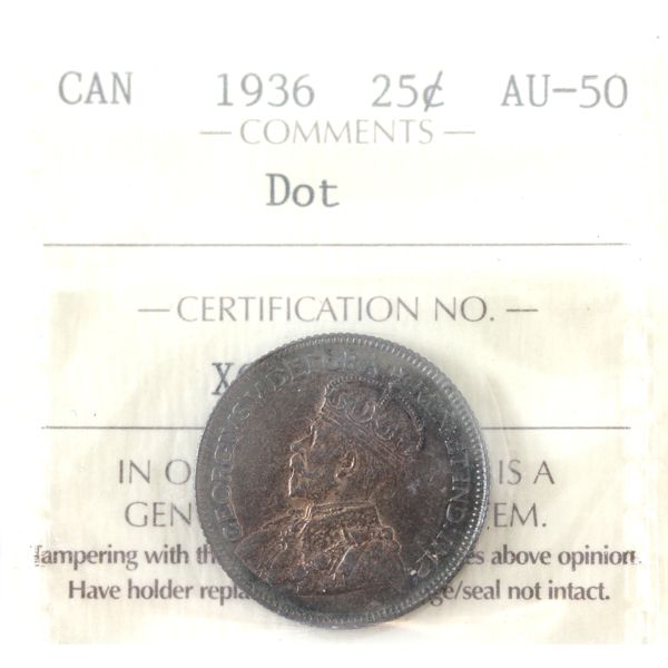25-cent 1936 Dot ICCS AU50