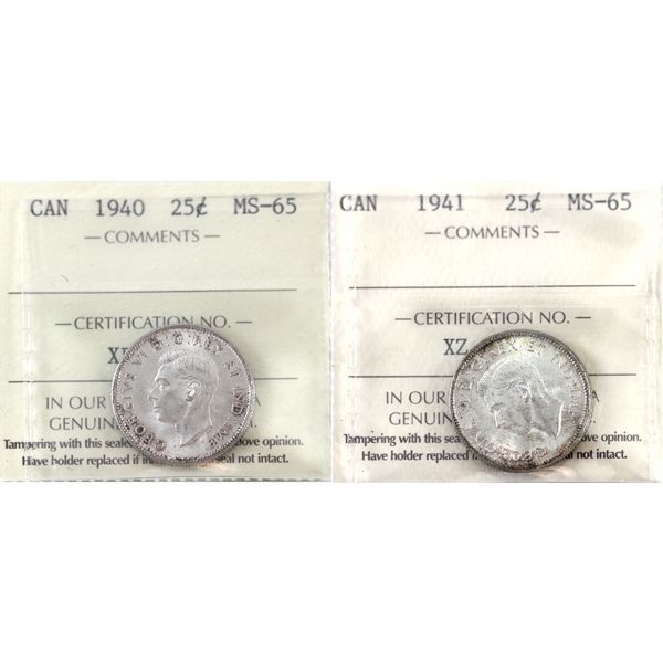25-cent 1940 & 1941 ICCS MS65. 2pcs.