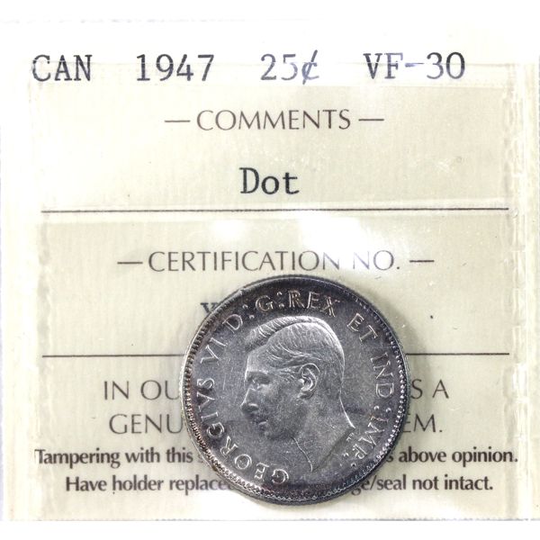 25-cent 1947 Dot ICCS VF30