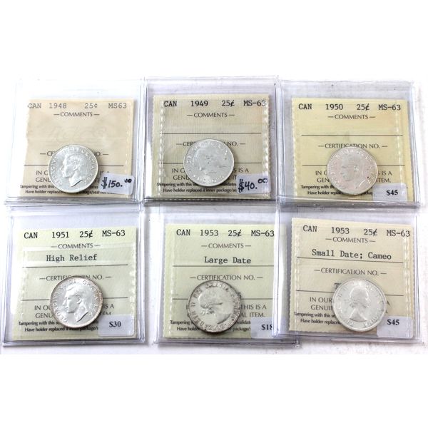 25-cent 1948, 1949, 1950, 1951 High Relief, 1953 Large Date, 1953 Small Date; Cameo ICCS MS63. 6pcs.