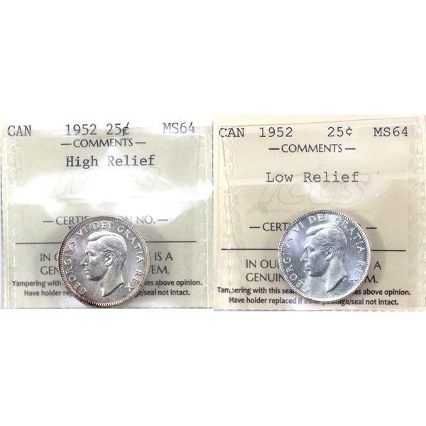 25-cent 1952 Low Relief & High Relief ICCS MS64. 2pcs.