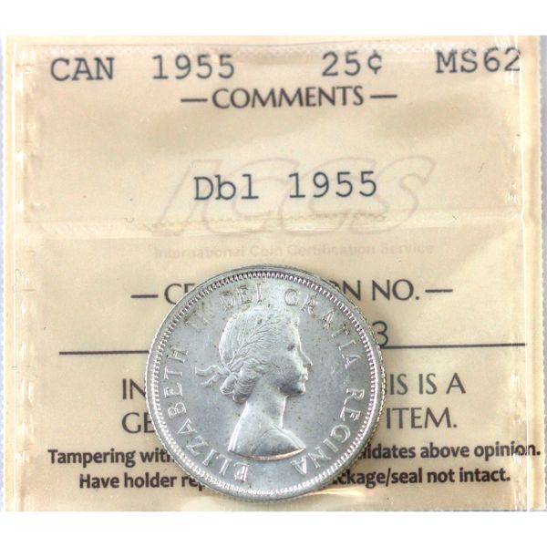 25-cent 1955 'Dbl 1955' ICCS MS62