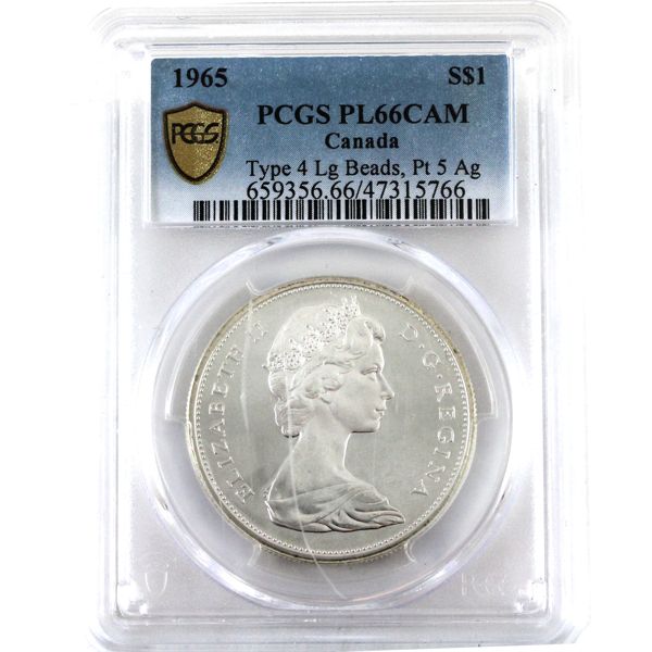 Silver $1 1965 LB P5 (Type 4) Lg Beads Pt5 PCGS PL66 Cameo 