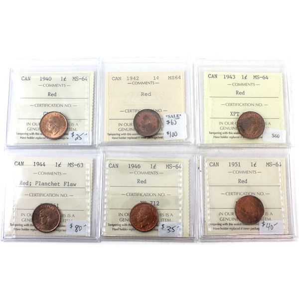 1-cent 1940 MS64, 1942 MS64 , 1943 MS64, 1944 Planchet Flaw MS63, 1946 MS64, & 1951 MS64 ICCS Red. 