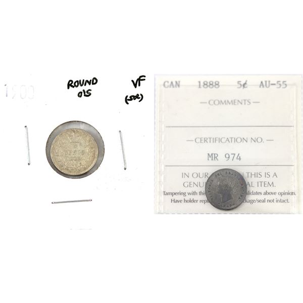 5-cent 1888 ICCS AU55 & 1900 Round O's VF20 (scratched). 2pcs.