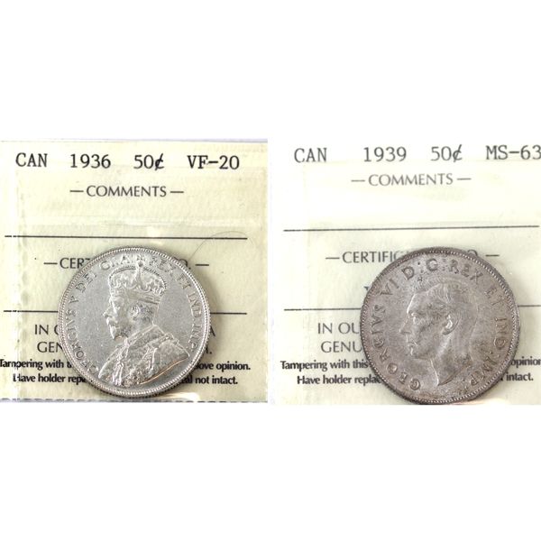 50-cent 1936 VF20 & 1939 MS63 ICCS. 2pcs.