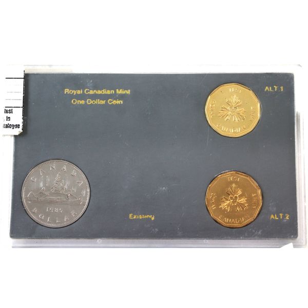 Test Token 1985 3-piece $1 Set w/1985 Nickel Dollar & Gold and Bronze Plated Test Tokens