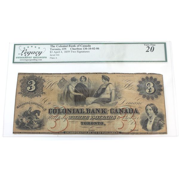 130-10-02-06 1859 $3 The Colonial Bank of Canada Legacy VF20 Two Signatures SN: 46 