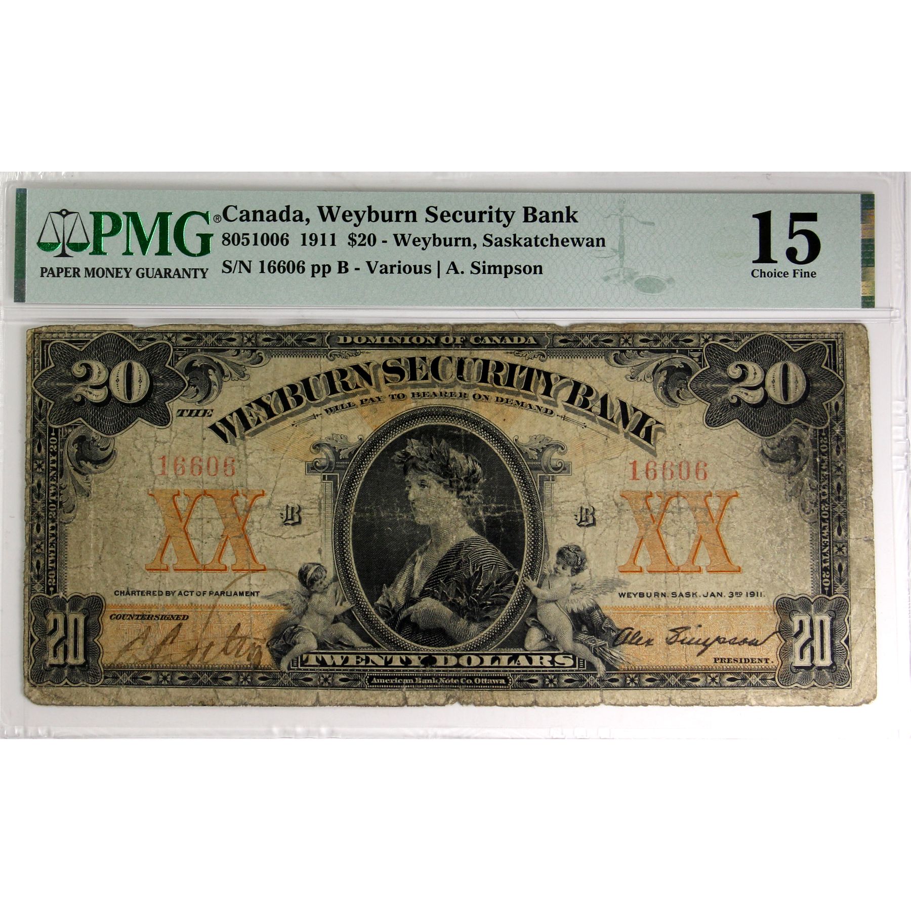 8051006 1911 20 Weyburn Security Bank PMG Choice F15 VariousSimpson