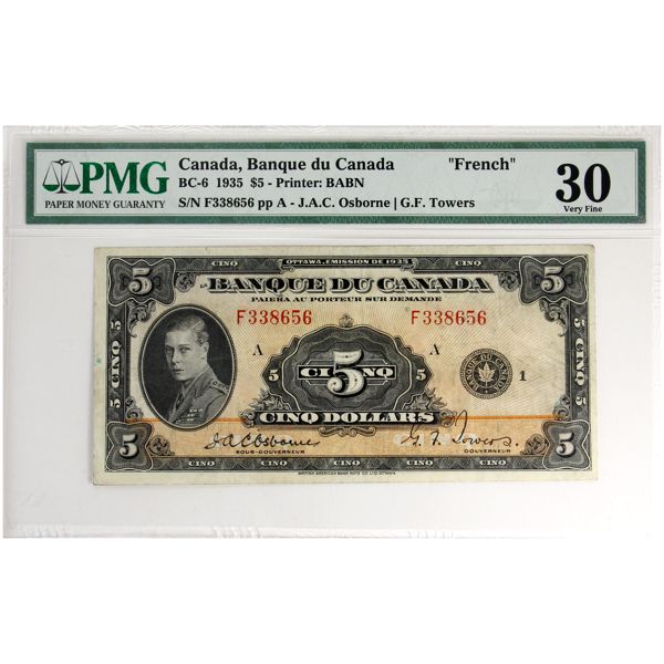 BC-6 1935 $5 French PMG VF30 Osborne-Towers SN: F338656 ppA